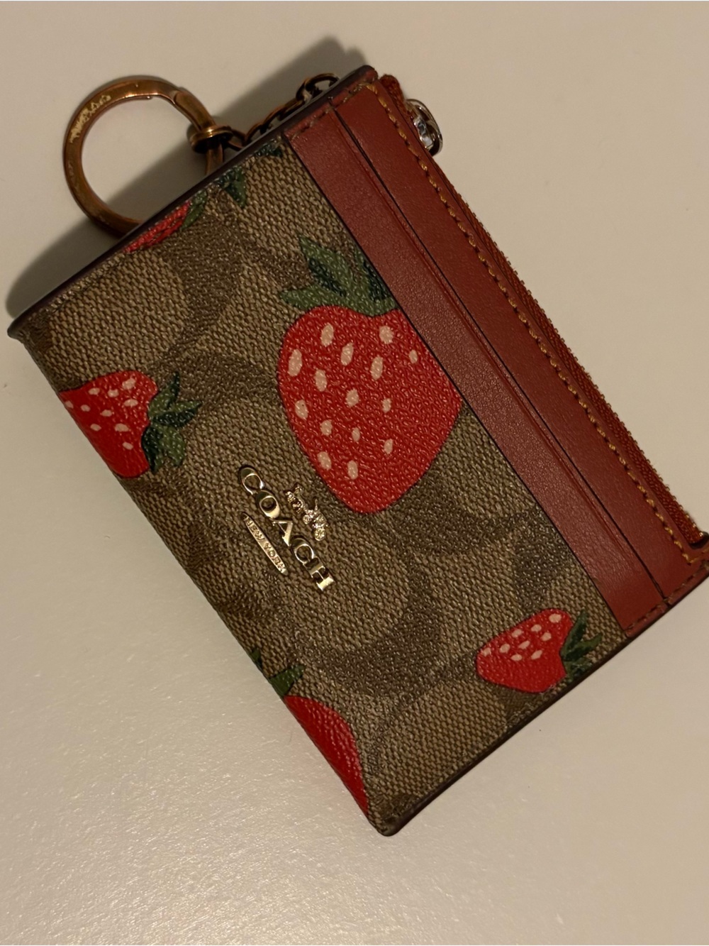 Coach Strawberry Print Brown Canvas Card Case with Red Accents